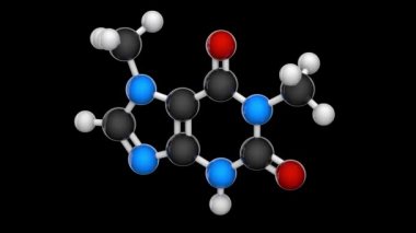 Paraxanthine (1,7-dimethylxanthine), ksentinin yapısal olarak kafeinle ilişkili bir dimetil türevi. Formül: C7H8N4O2. RGB + Alpha (Şeffaf) kanalı. 3 boyutlu görüntüleme. Kusursuz döngü.