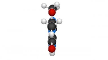 Paraxanthine (1,7-dimethylxanthine), ksentinin yapısal olarak kafeinle ilişkili bir dimetil türevi. Formül: C7H8N4O2. Kimyasal yapı modeli, top ve sopa. 3 boyutlu görüntüleme. Kusursuz döngü. 