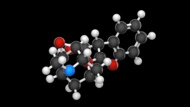 Skopolamin, ayrıca Hyoscine olarak da bilinir, hareket hastalığını tedavi etmek için kullanılan bir ilaçtır. Formül: C17H21NO4. Kimyasal yapı modeli, top ve sopa. 3 boyutlu görüntüleme. Kusursuz döngü. Siyah arkaplan