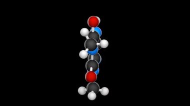 Theophylline (1,3-dimethylxanthine). Solunum hastalıkları tedavisinde kullanılır. C7H8N4O2. Kimyasal yapı modeli, top ve sopa. 3 boyutlu görüntüleme. Kusursuz döngü. Siyah arkaplan