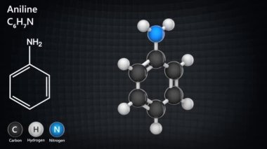 Anilin (fenilamin, aminobenzen, benzenamin, benzamin). Birincil aromatik amin. C6H7N. 3 boyutlu görüntüleme. Kusursuz döngü. Kimyasal yapı modeli: Top ve Sopa.