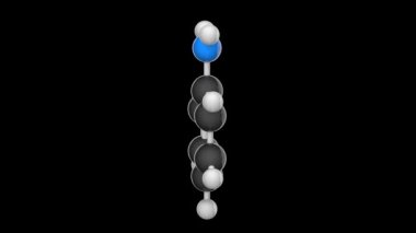 Anilin (fenilamin, aminobenzen, benzenamin, benzamin). Birincil aromatik amin. C6H7N. 3 boyutlu görüntüleme. Kusursuz döngü. Kimyasal yapı modeli, top ve sopa. RGB + Alpha (Şeffaf) kanalı
