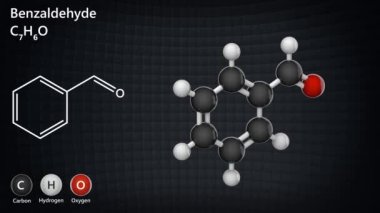 Benzaldehit (Benzoik aldehit), kozmetikte kullanılan bir aromatik aldehit türüdür. Formül: C7H6O. 3 boyutlu görüntüleme. Kusursuz döngü. Kimyasal yapı modeli: Top ve Sopa.