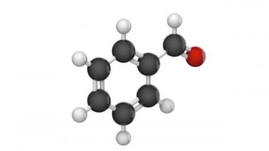 Benzaldehit (Benzoik aldehit), kozmetikte kullanılan bir aromatik aldehit türüdür. Formül: C7H6O. 3 boyutlu görüntüleme. Kusursuz döngü. Kimyasal yapı modeli, top ve sopa. Beyaz arkaplan