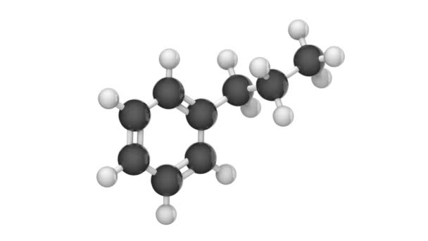 正丙苯 或丙苯或苯基丙烷 是一种芳烃 方程式 C9H12 3D渲染 无缝圈 化学结构模型 球和棒 白人背景 — 图库视频影像