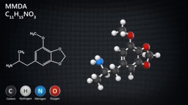 MMDA (5-methoxy-MDA), amfetamin sınıfının bir psikedelik ve entaktojen ilacıdır. C11H15NO3. 3 boyutlu görüntüleme. Kusursuz döngü. Kimyasal yapı modeli: Top ve Sopa.
