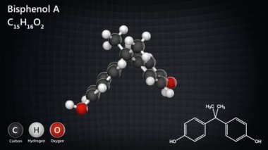Bisfenol A 'nın (BPA) moleküler yapısı - plastik kirletici molekül. Formül C15H16O2. 3 boyutlu görüntüleme. Kusursuz döngü. Kimyasal yapı modeli: Top ve Sopa.
