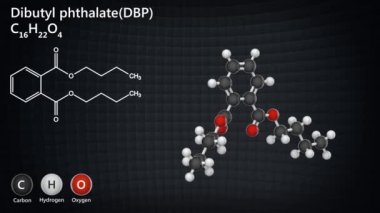 Dibutil ftalatın moleküler yapısı. Diğer isimler: DBP, Butyl ftalat. Formül C16H22O4. 3 boyutlu görüntüleme. Kusursuz döngü. Kimyasal yapı modeli: Top ve Sopa.