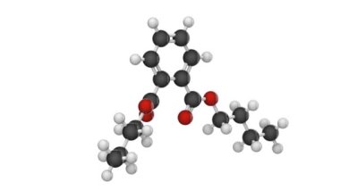 Dibutil ftalatın moleküler yapısı. Diğer isimler: DBP, Butyl ftalat. Formül C16H22O4. 3 boyutlu görüntüleme. Kusursuz döngü. Kimyasal yapı modeli, top ve sopa. Beyaz arkaplan