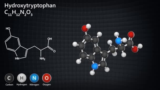Hydroxytryptophan Chemical Structure Precursor Serotonin Metabolic Intermediate Tryptophan C11H12N2O3 Render — Vídeo de stock
