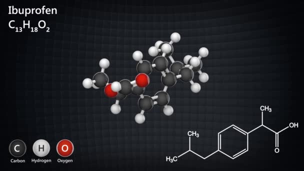 Ibuprofen Isobutylphenylpropionsäure Molekulare Struktur Und Chemische Formel Schmerzmittel C13H18O2 Renderer — Stockvideo