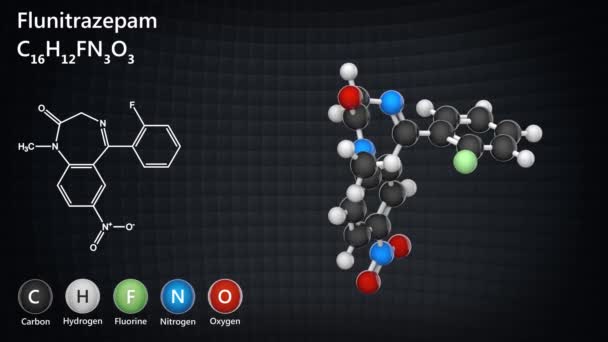 Hypnotisk Läkemedelsmolekyl Flunitrazepam Rohypnol Formel C16H12Fn3O3 Återgivning Sömlös Ögla Kemisk — Stockvideo