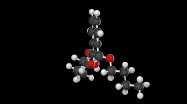 Dibutil ftalatın moleküler yapısı. Diğer isimler: DBP, Butyl ftalat. Formül C16H22O4. 3 boyutlu görüntüleme. Kusursuz döngü. Kimyasal yapı modeli, top ve sopa. RGB + Alpha (Şeffaf) kanalı