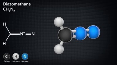 Diazometanın moleküler yapısı. Diğer isimler: Azimethylene, Azomethylene, Diazirine. Formül CH2N2. 3 boyutlu görüntüleme. Kusursuz döngü. Kimyasal yapı modeli: Top ve Sopa.