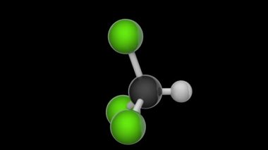 Kloroform (triklorometan, metan triklorür, metil triklorür, TCM). Formül CHCl3. 3 boyutlu görüntüleme. Kusursuz döngü. Kimyasal yapı modeli, top ve sopa. RGB + Alpha (Şeffaf) kanalı