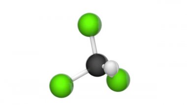 Kloroform (triklorometan, metan triklorür, metil triklorür, TCM). Formül CHCl3. 3 boyutlu görüntüleme. Kusursuz döngü. Kimyasal yapı modeli, top ve sopa. Beyaz arkaplan
