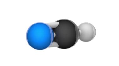 Hidrojen siyanür (formik anamonit, hidrosiyanik asit, Prusik asit, metanenitrile) zehir molekülü. Formül, HCN. 3 boyutlu görüntüleme. Kusursuz döngü. Kimyasal yapı modeli, top ve sopa. Beyaz arkaplan