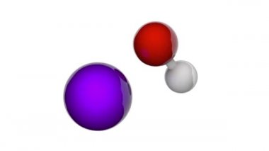 Sodyum hidroksit (Caustic soda, Lye, Sodyum hidrat, Ascarite, White caustic), formül NaOH veya HNaO. 3 boyutlu görüntüleme. Kusursuz döngü. Kimyasal yapı modeli, top ve sopa. Beyaz arkaplan
