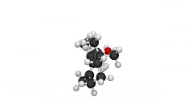 A vitamini (Retinol). Yiyeceklerde bulundu ve beslenme takviyesi olarak kullanıldı. 3 boyutlu görüntüleme. Kusursuz döngü. Kimyasal yapı modeli, top ve sopa. Beyaz arkaplan.