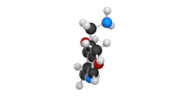 B6 vitamini (Pyridoxamine) moleküler yapısı. 3 boyutlu görüntüleme. Kusursuz döngü. Kimyasal yapı modeli, top ve sopa. Beyaz arkaplan.