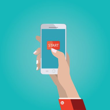 El ile akıllı telefon, modern vektör çizim değmek arayüzey ile Başlat düğmesini, kullanma ve ekran dokunaklı el