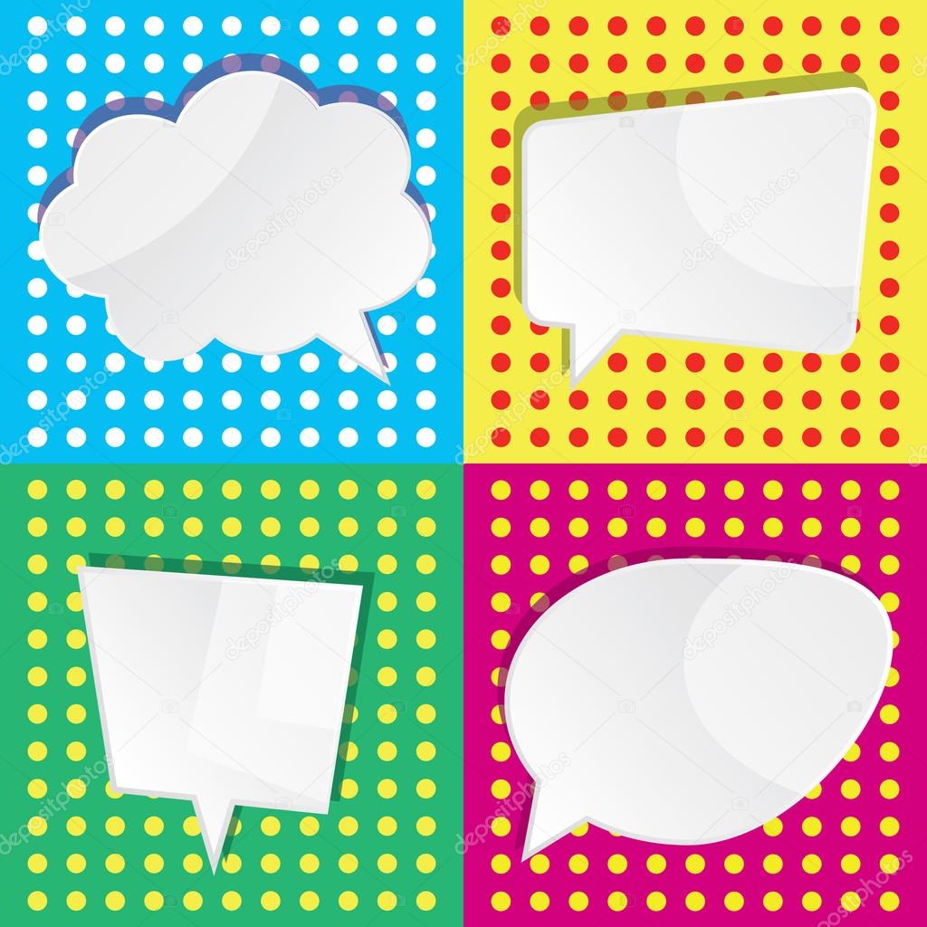 Modern vector illustration of of empty white speech dialog bubbles on colorful background in pop art style