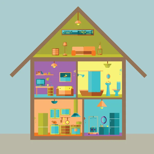 カットの家。詳細な現代住宅インテリア。家具付きの客室です。フラット スタイルのベクトル図. — ストックベクタ