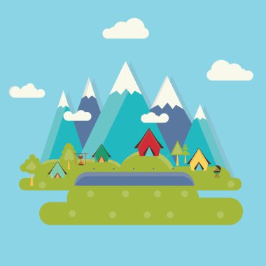 Çadır kamp, yatay. Düz tasarlamak vektör.