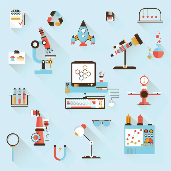 Design style modern flat vector illustration icons set of science and technology development. Laboratory workspace — Stock Vector