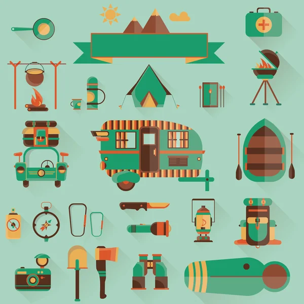 Set of camping equipment symbols and icons modern flat vector illustration — Stock Vector