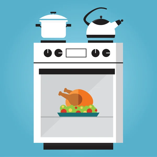 Horno de cocina con pavo asado. Ilustración vectorial — Vector de stock