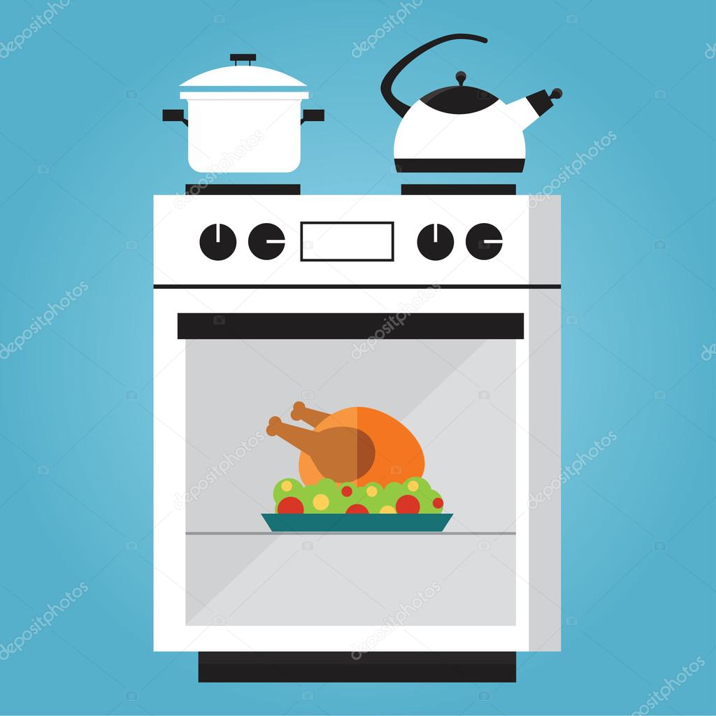 Kitchen oven with roast turkey. Vector illustration