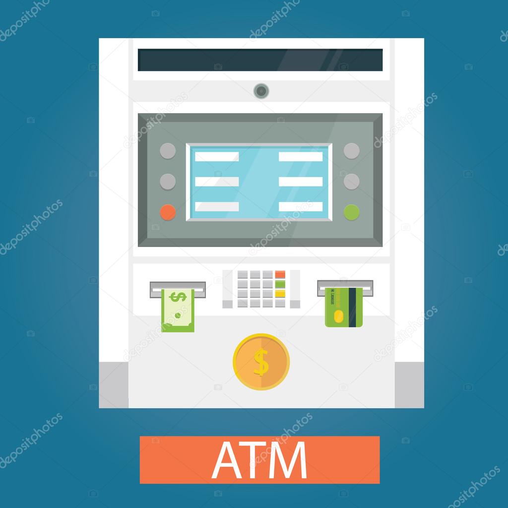Modern vector illustration of ATM machines with coin, credit card and cash