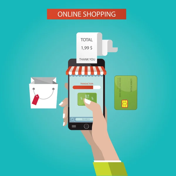 Moderna illustrazione vettoriale dello shopping online, mano con il telefono — Vettoriale Stock