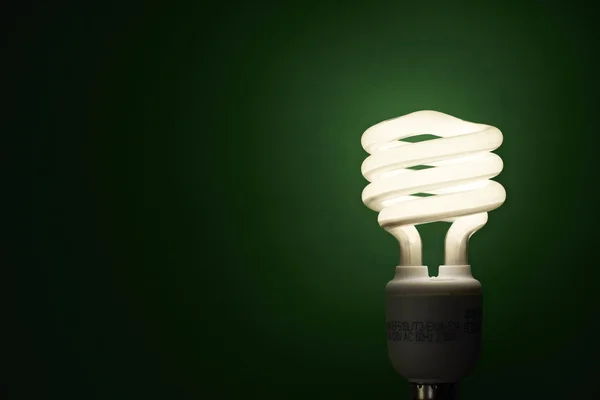 Una lampadina a risparmio energetico su sfondo verde . — Foto Stock