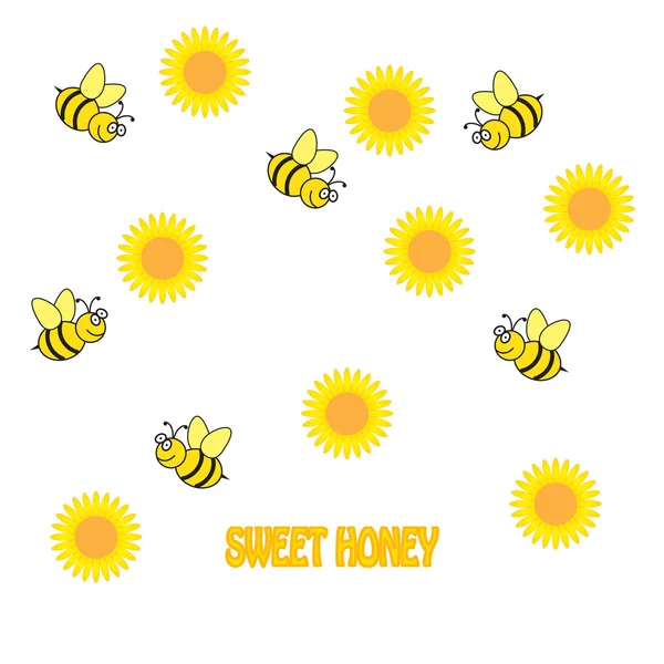 Ζωηρόχρωμο κλίμα με ηλιοτρόπια και μέλισσα — Διανυσματικό Αρχείο