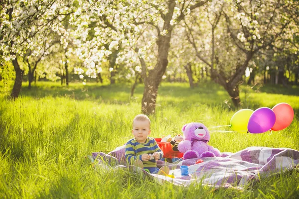 Piccolo bambino giocare giocattoli seduto su erba verde lungo al di fuori — Foto Stock