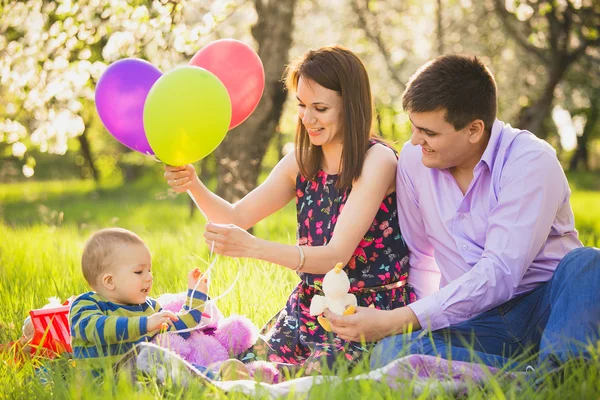 Dad and mom playing games with little son outside in spring bloo — Stock Photo, Image