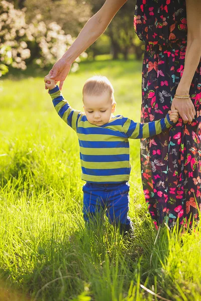 Familie vergnügt sich im grün blühenden Frühlingsgarten bei Sonnenuntergang — Stockfoto