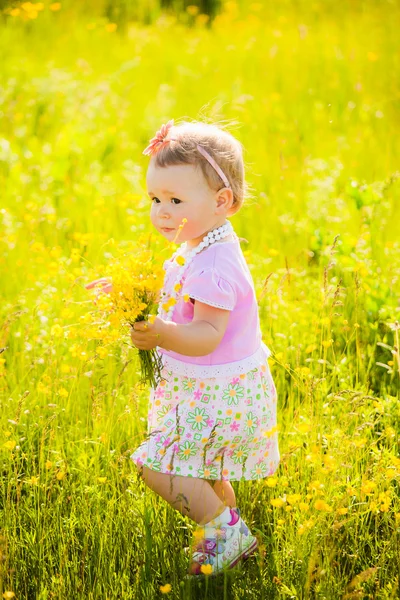 Little child playing with field flowers on spring or summer day — Stock Photo, Image