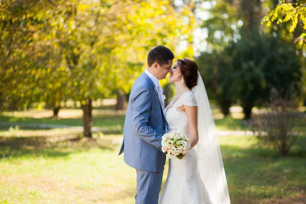Lyckliga bruden, brudgummen står i grön park — Stockfoto