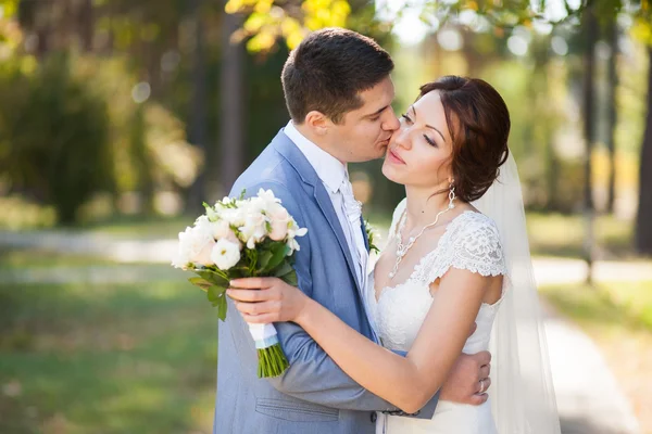 Mutlu gelin, damat yeşil parkta duran