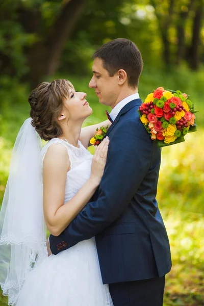 Happy bride, groom standing in green park, kissing, smiling, laughing — Stock Photo, Image