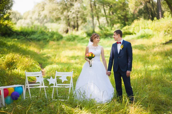 Happy bride, groom standing in green park, kissing, smiling, laughing — Stock Photo, Image