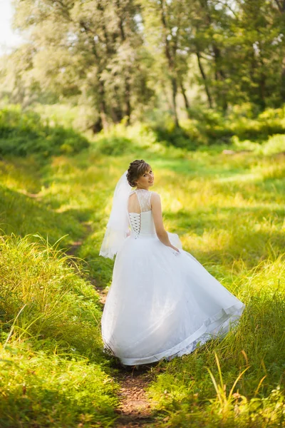 Yeşil park ayakta düğün gününde güzel gelin — Stok fotoğraf