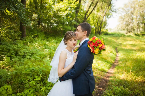 Ευτυχισμένη νύφη, γαμπρός στέκεται στο καταπράσινο πάρκο, φιλιά, χαμογελώντας, γέλιο — Φωτογραφία Αρχείου
