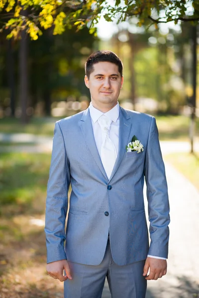 Portrait de beau jeune homme habillé intelligemment en costume bleu — Photo