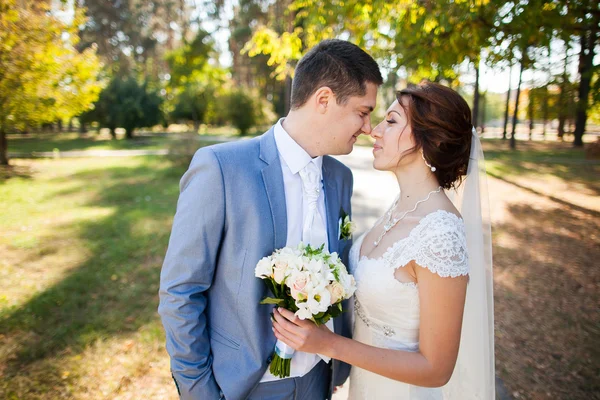 Mutlu gelin, damat yeşil parkta duran