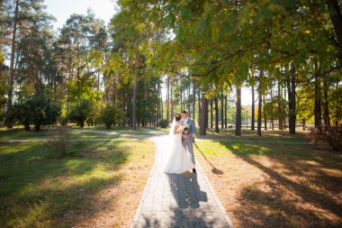 Mutlu gelin, öpüşme, gülüyor, gülüyor yeşil park, ayakta damat
