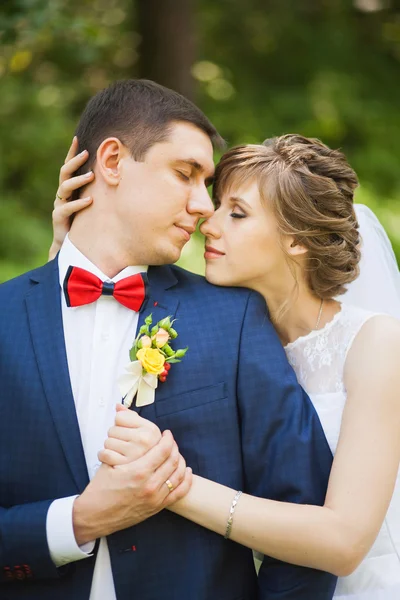 Happy bride, groom standing in green park, kissing, smiling, laughing — Stock Photo, Image